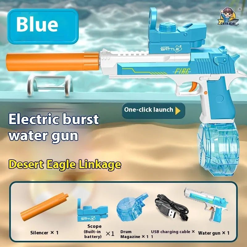 Automatic electric water gun toy with Desert Eagle linkage design, ammunition drum, silencer, and telescopic sight, 41.1cm long