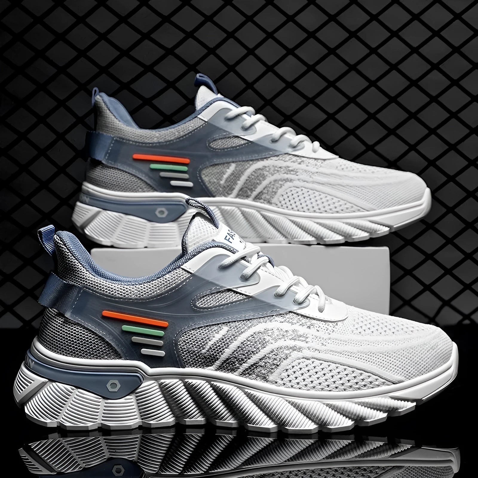 Men's white blue and black platform casual sports shoes with mesh upper and cross shoulder straps.