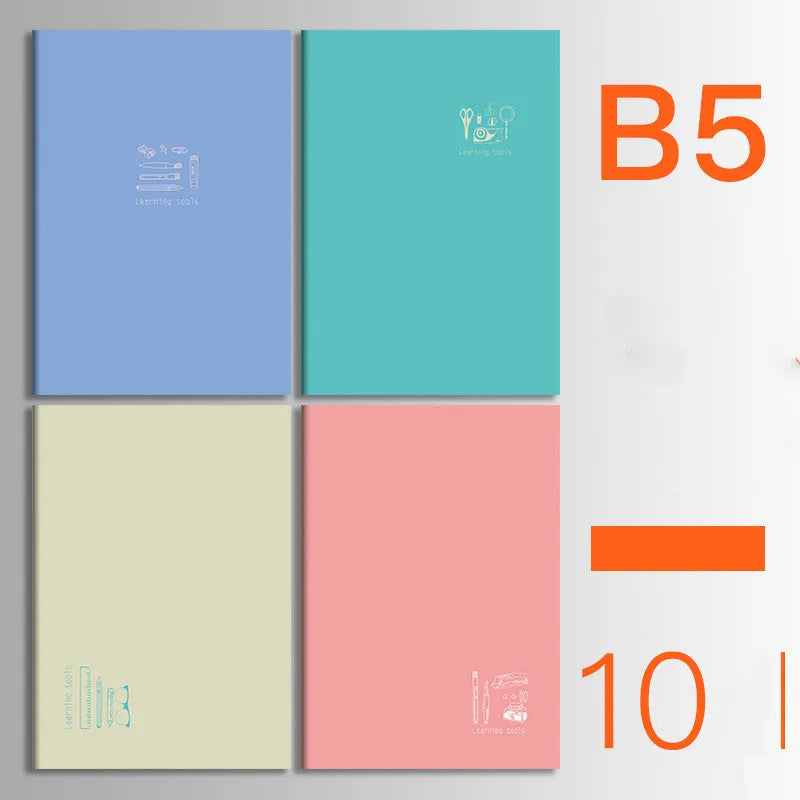 Pack of ten A5 kraft paper thread-bound notebooks with artistic cover designs lying flat.