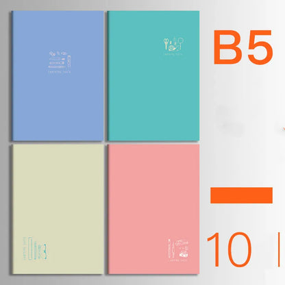 Pack of ten A5 kraft paper thread-bound notebooks with artistic cover designs lying flat.