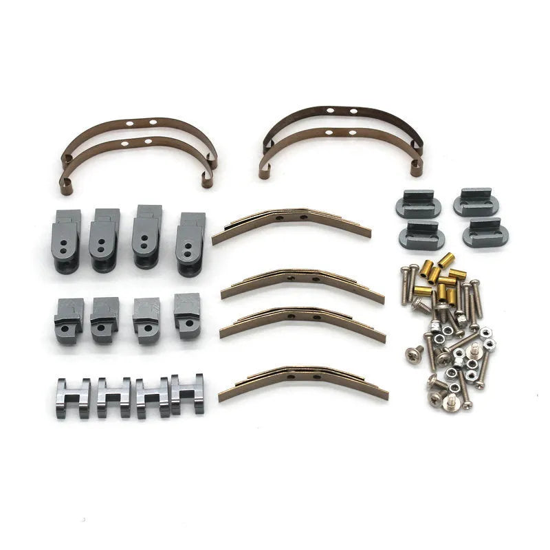 Grey alloy remote control car parts including front bar, beam, axles, and motor housing for 1:24 scale military model builds