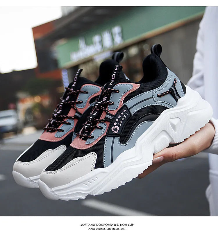 Women's Thick-Soled Sports Casual Shoes Summer Spring Net Red Fashion Trainers White PU Sole Round Toe Buckle Design Mesh Upper Black Moonlight Colour Low Heel 3-5cm Height Sizes 35-41