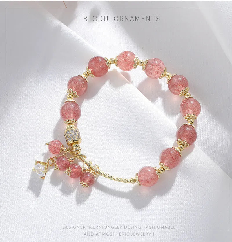 Pink heart-shaped strawberry quartz crystal bracelet with pearl accents for women