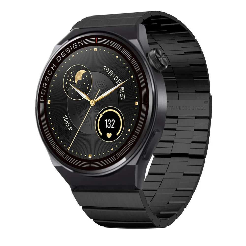 Black or silver smartwatch with a 1.39-inch glass screen on a silicone, steel, or leather-look strap.
