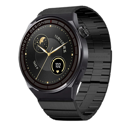 Black or silver smartwatch with a 1.39-inch glass screen on a silicone, steel, or leather-look strap.