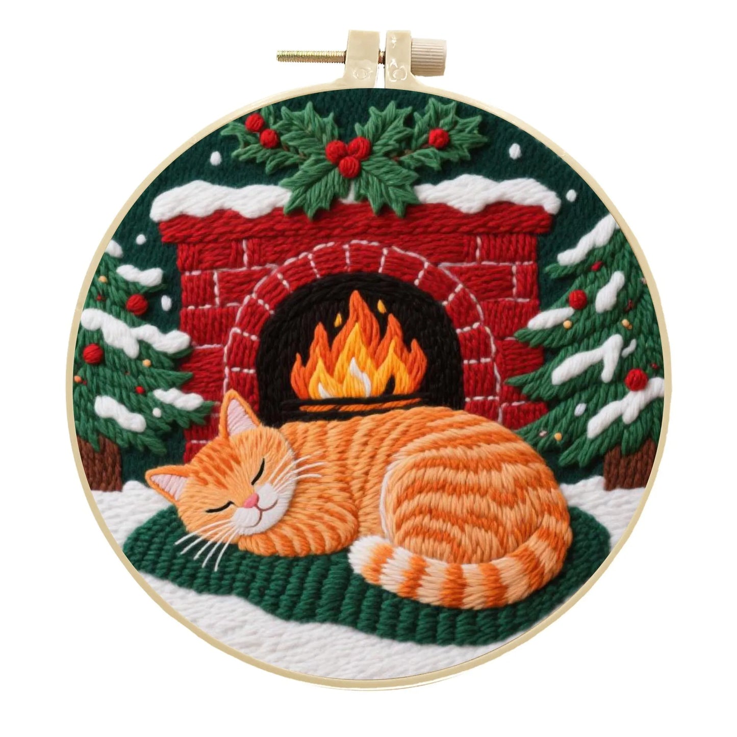 Cat embroidery DIY kit with autumn fruit design on fabric and a 20cm imitation bamboo embroidery frame