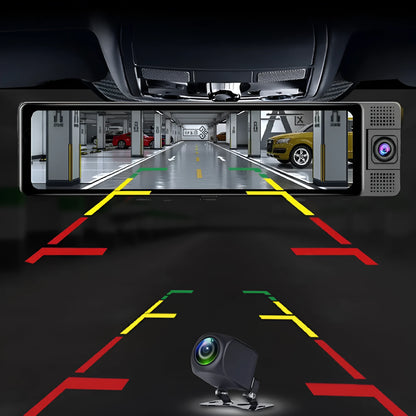 12-inch car dash cam with touchscreen display and rearview camera for vehicle security