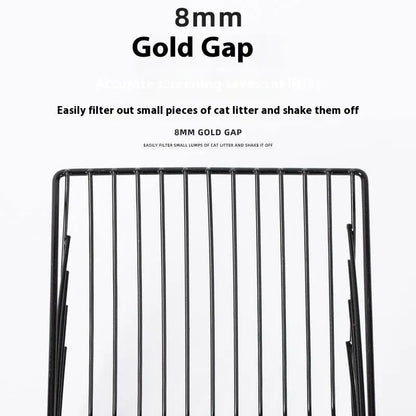 Black metal cat litter scoop with a 0.8cm gap between its tines on a white background.