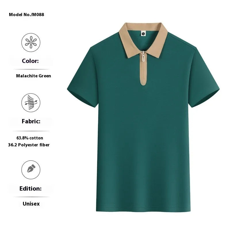Zipper and lapel polo shirt in solid colour with short sleeves and loose fit