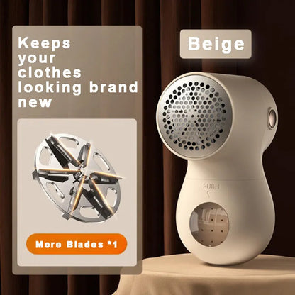 White electric lint remover with digital display showing six stainless steel blades and USB charging port