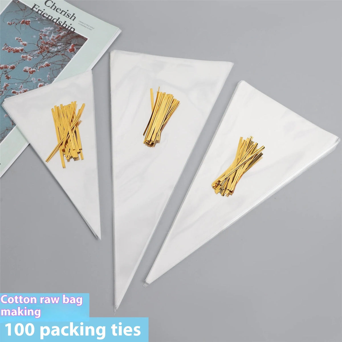Triangle clear plastic bag with integrated tie wire closure in 13x25cm, 16x30cm, or 18x37cm sizes