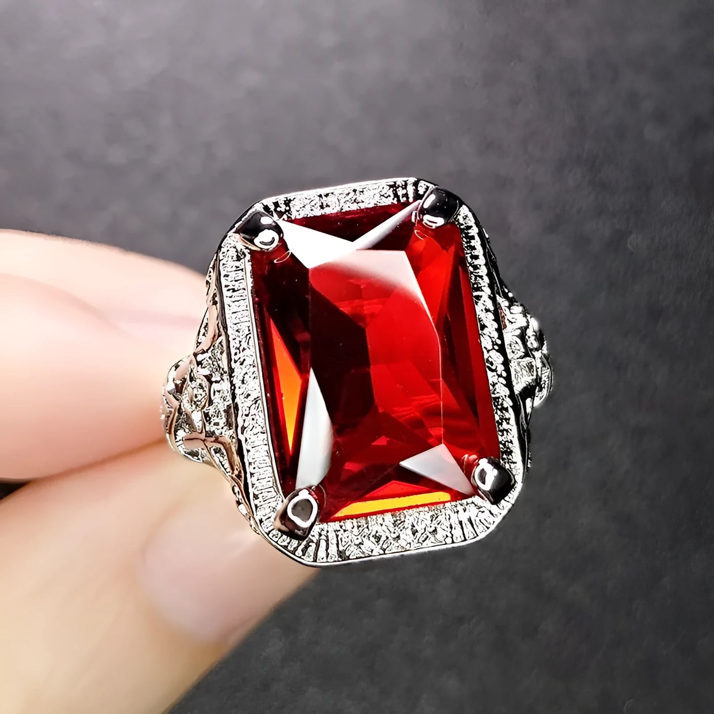 Women's adjustable geometric ring with pigeons-blood ruby stones in platinum colour finish
