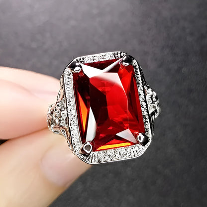 Women's adjustable geometric ring with pigeons-blood ruby stones in platinum colour finish