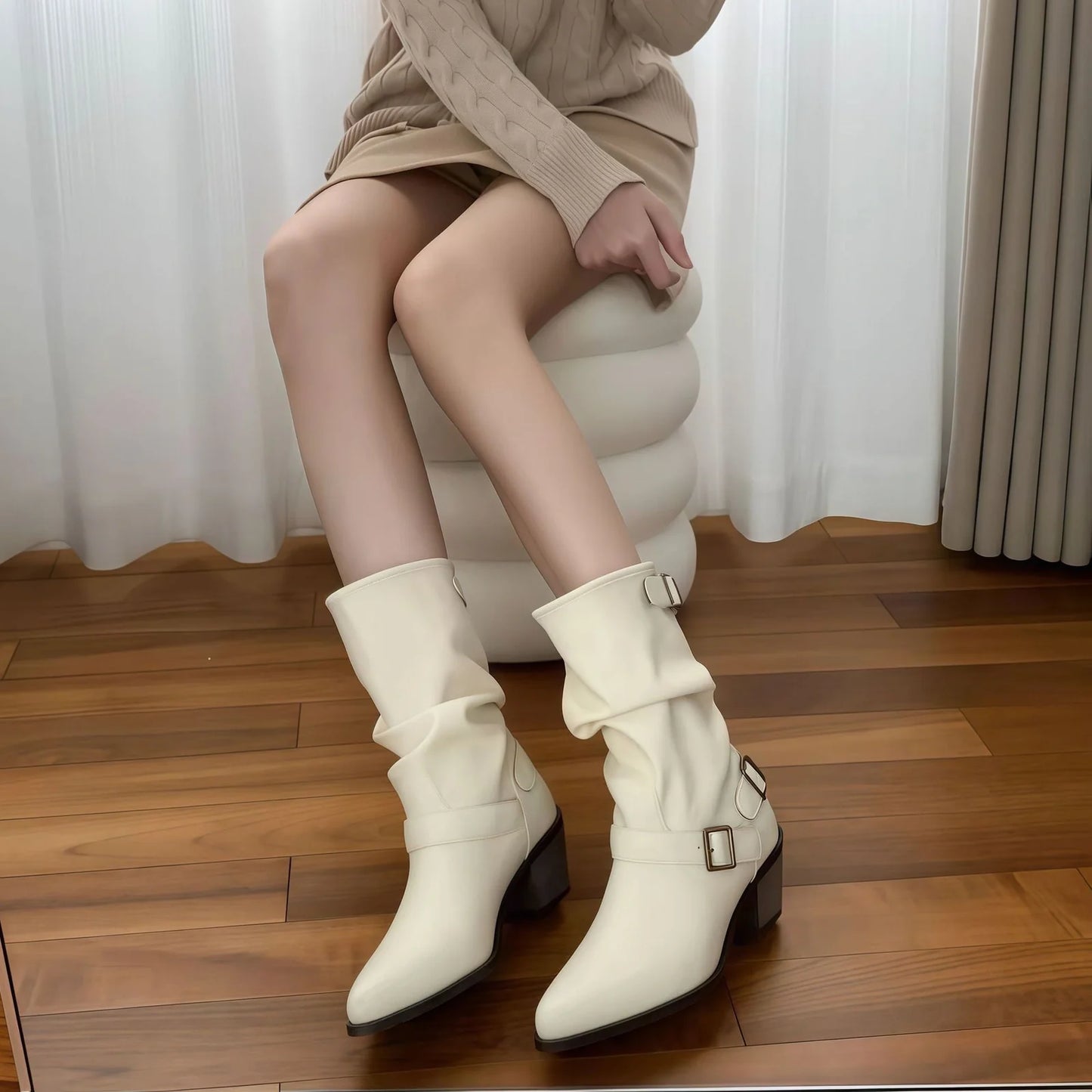 Women's chunky heel boots in white colour with 2.5cm flat heel and middle calf length