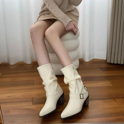 Women's chunky heel boots in white colour with 2.5cm flat heel and middle calf length