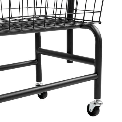 White freestanding mobile clothes rail with a single hanging rod, four casters, and an integrated pulley system.