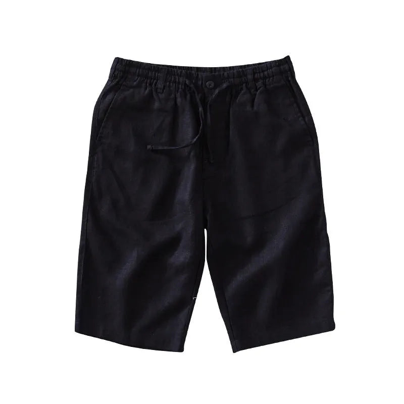 Men's loose-fit linen capri pants in a straight-leg style on a white background