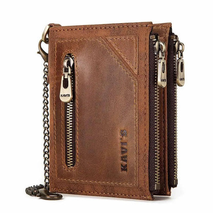 Men's dark brown leather wallet with chain detail showing RFID protection and first layer cowhide construction