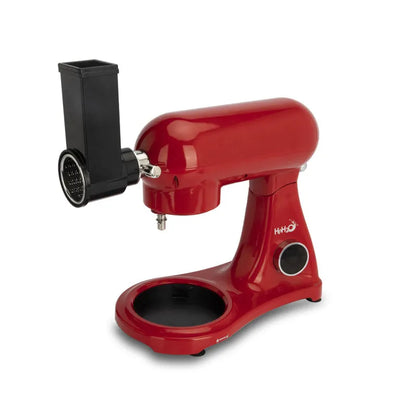 Red 1800W stand mixer with 8L stainless steel bowl, metal body, digital control, and three mixing attachments.