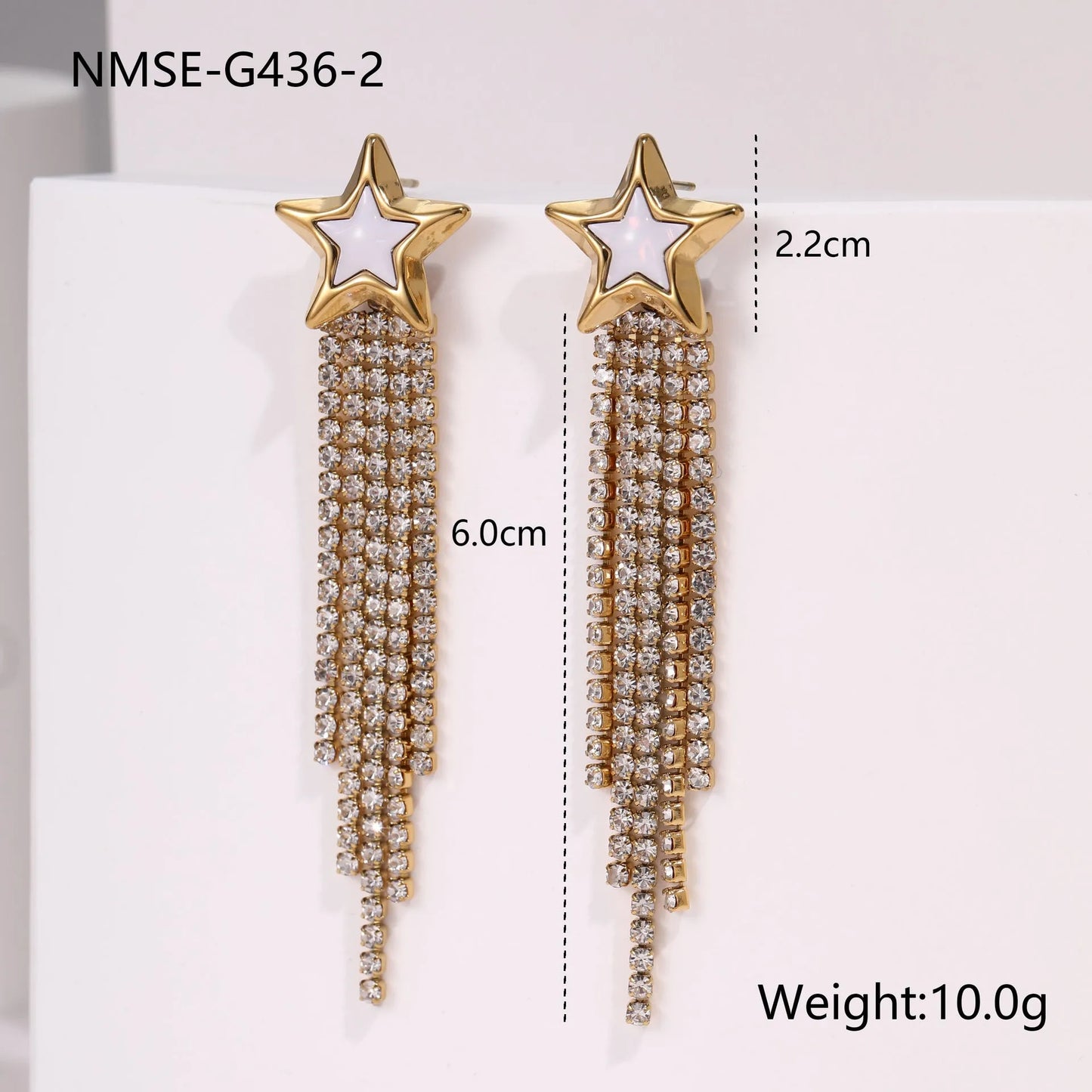Stainless steel diamond tassel earrings with heart and star shapes in 18K gold electroplated finish