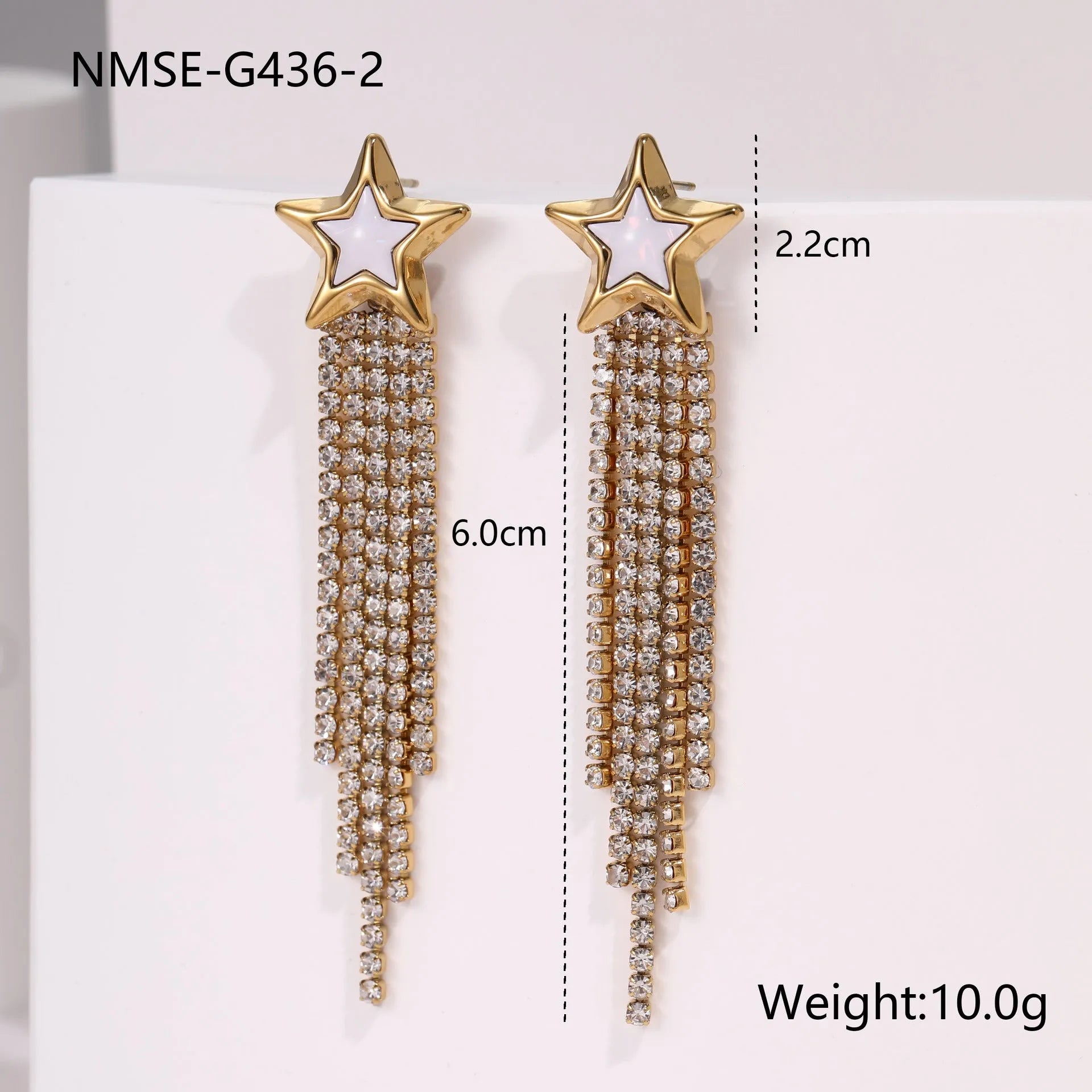 Stainless steel diamond tassel earrings with heart and star shapes in 18K gold electroplated finish