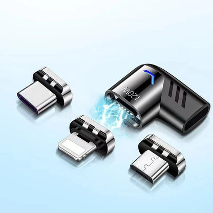 Dark grey magnetic charging adapter showing elbow connection design with multiple adapter heads for different device ports