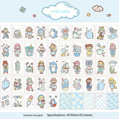Japanese cartoon character sticker sheet with 50 self-adhesive 40x60mm vinyl decals for notebook decoration
