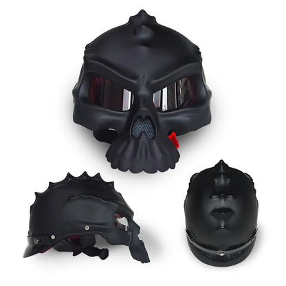 Double-sided reversible skull motorcycle helmet showing two different artwork designs