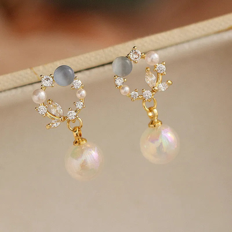 Blue opal fairy fish pearl stud earrings with rhinestone and 925 silver needle, 2.4 cm geometric studs