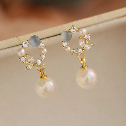 Blue opal fairy fish pearl stud earrings with rhinestone and 925 silver needle, 2.4 cm geometric studs