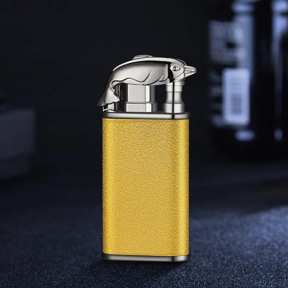 Metal windproof lighter with double flame and dragon design, showing flame from mouth.