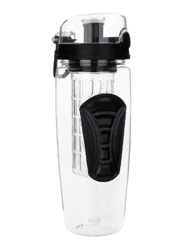 32oz clear Tritan plastic fruit infuser water bottle with a separate fruit cup and leakproof lid.