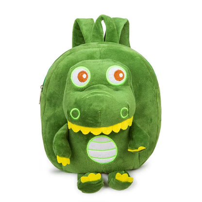 Soft blue plush children's backpack with an embroidered green dinosaur character and a soft handle.