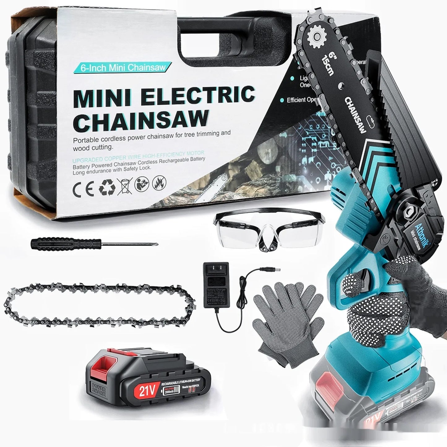 Handheld wireless electric chainsaw with 6-inch chain, batteries, safety goggles, gloves, and storage box