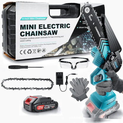 Handheld wireless electric chainsaw with 6-inch chain, batteries, safety goggles, gloves, and storage box