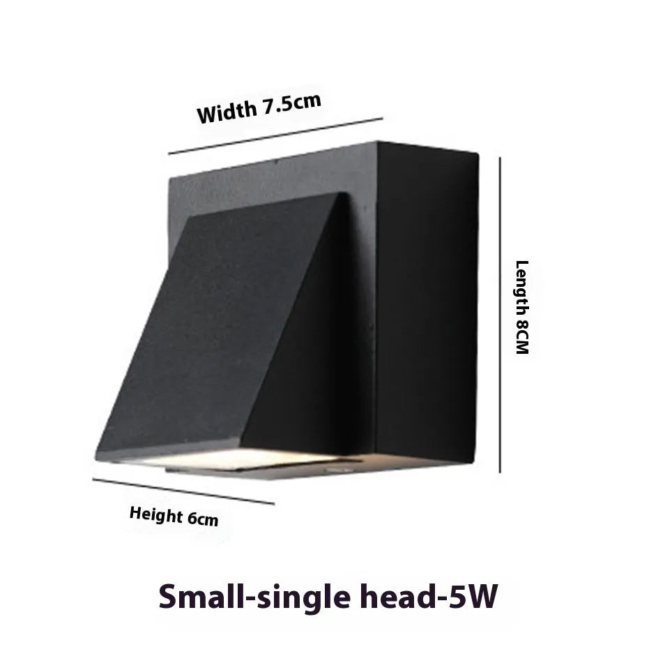 Black 5W waterproof LED wall lamp with glass lampshade, 80 x 80 x 60 mm, for courtyard wall or hotel room