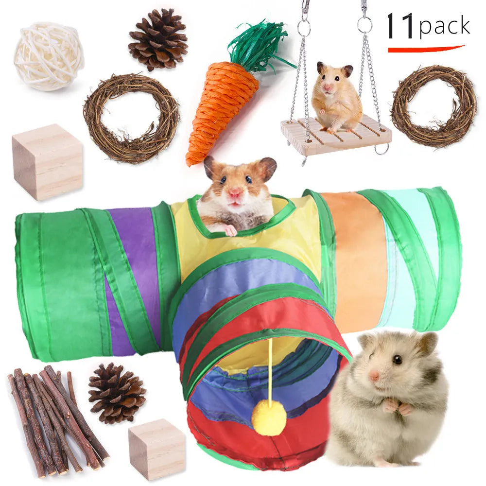 Assorted natural wooden chew toys for small pets including balls, rings, and mats on a plain background.