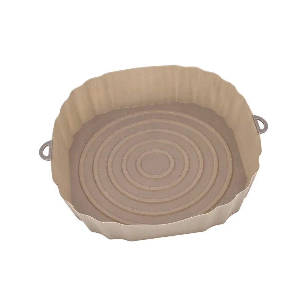 Silicone air fryer baking tray with 4.5cm depth in light grey, pink, brown or green