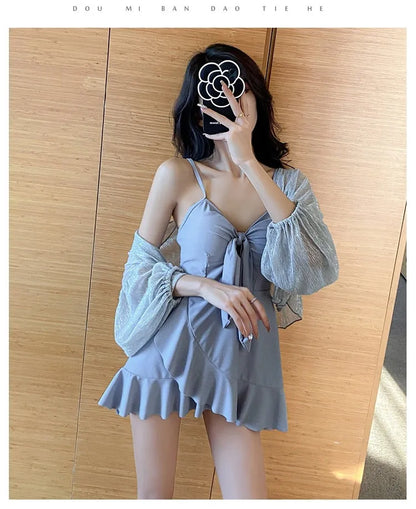 Women's long sleeve one-piece swimsuit set in solid grey with milk silk fabric and polyester lining, sizes S to 3XL