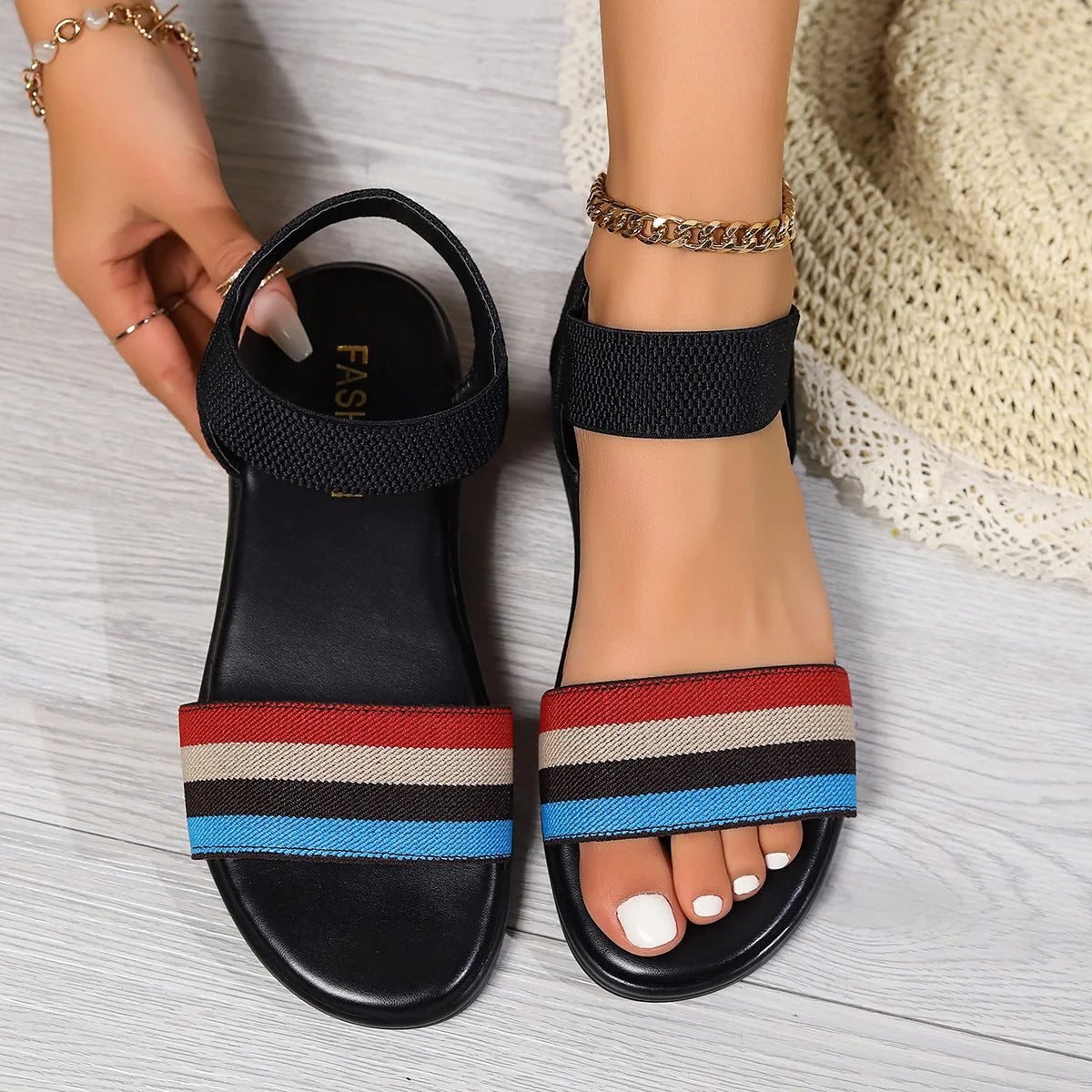 Women's colour-block elastic sandals with fish mouth toe design in white, black, and rainbow colours