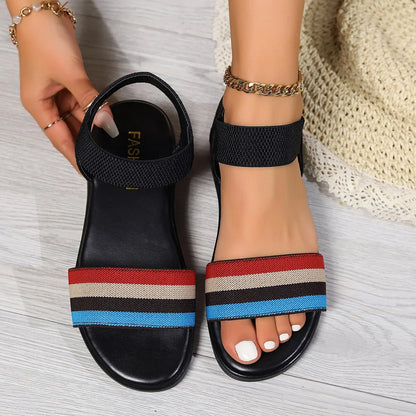 Women's colour-block elastic sandals with fish mouth toe design in white, black, and rainbow colours