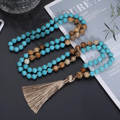 108-bead turquoise mala necklace with geometric ball bead chain showing blue pine stone colour