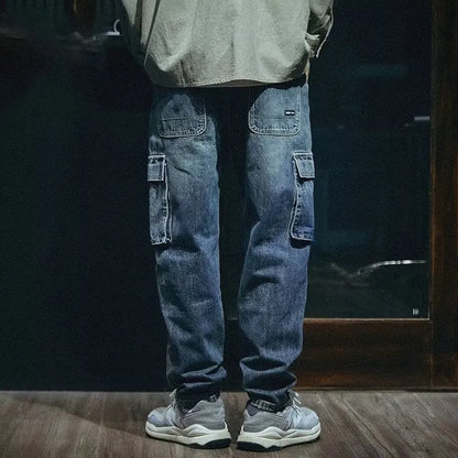 Men's blue loose straight retro jeans with stretch polyester denim fabric