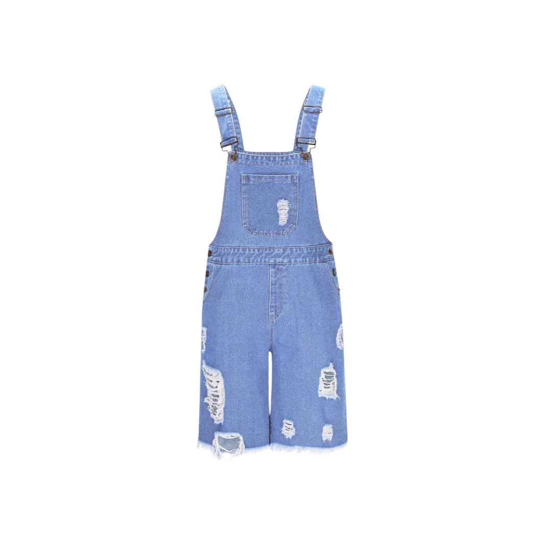Men's ripped denim suspender shorts in straight-leg style with adjustable straps