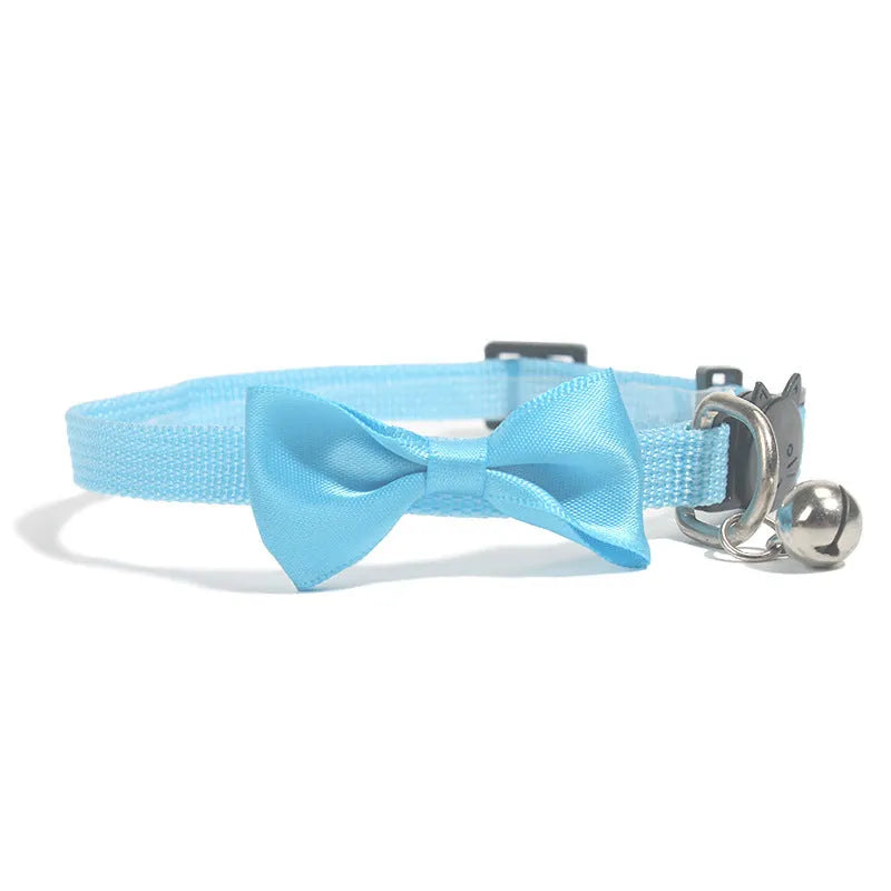Adjustable nylon cat collar with bell decoration in striped pattern, multiple colour options available