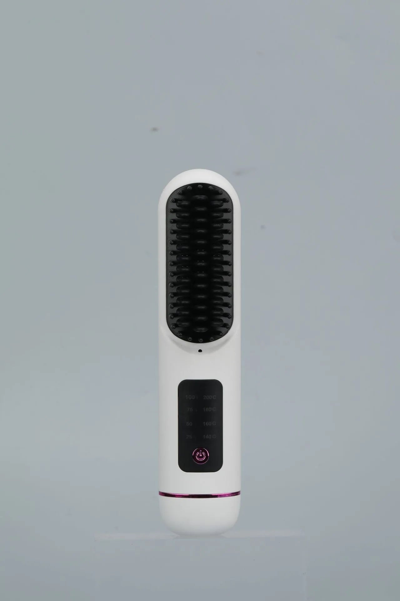 White portable negative ion hair comb showing USB charging port and adjustable length mechanism from 15cm to 20cm