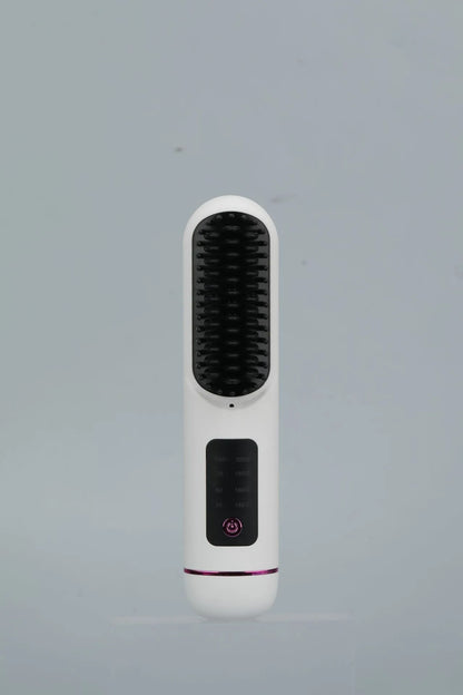 White portable negative ion hair comb showing USB charging port and adjustable length mechanism from 15cm to 20cm