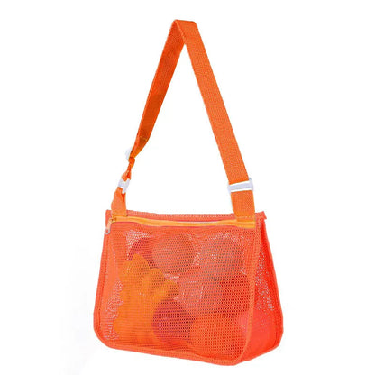 Blue children's drawstring travel storage bag made of nylon mesh for organising toys and clothes.