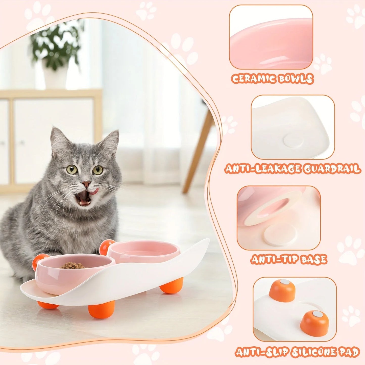 Ceramic raised pet bowl set with two bowls on non-slip base for cats and small dogs
