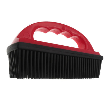 Red pet grooming brush with massage nodes for hair removal during dog or cat baths.